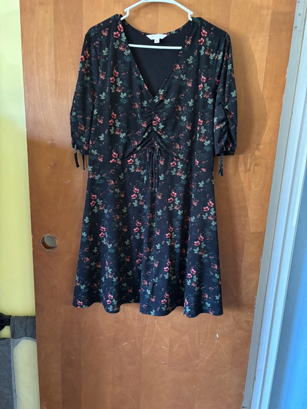 LC Lauren Conrad Black Floral Midi Dress with Ruched Front